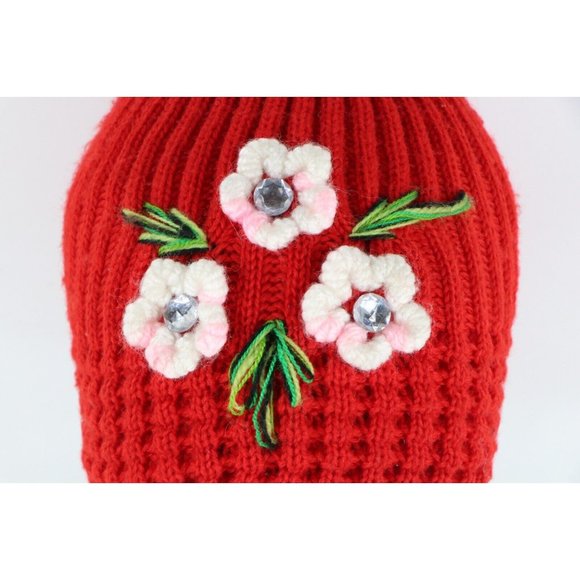 NOS Vintage 90s Streetwear Womens Chunky Knit Floral Flower Beanie Hat Cap Red main image 5